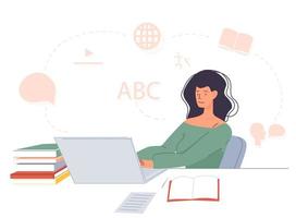 Woman studying foreign language online on laptop vector