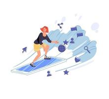 Flat cartoon character surfing internet, vector illustration concept