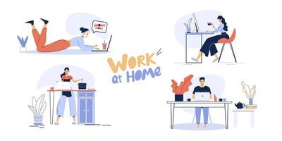 Remote online work from home, household chores set vector