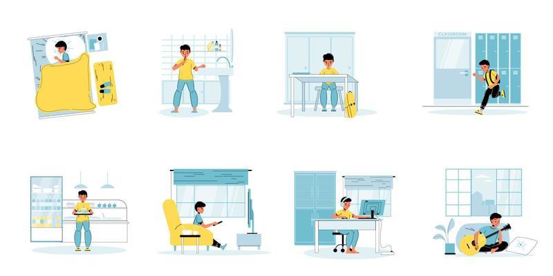 Little boy character daily schedule scene set