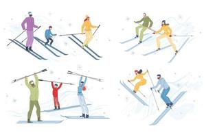 Happy people enjoy skiing winter activity set vector