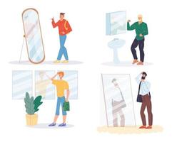 Narcissist man posing front of mirror isolated set vector