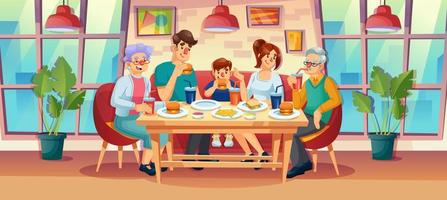 Happy family having dinner at fast food restaurant vector