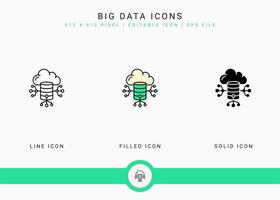 Big data icons set vector illustration with solid icon line style. Cloud database concept. Editable stroke icon on isolated background for web design, user interface, and mobile application