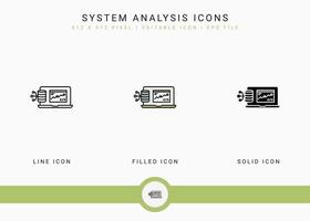 los iconos de análisis del sistema establecen una ilustración vectorial con un estilo de línea de icono sólido. concepto de software de base de datos. icono de trazo editable en un fondo aislado para diseño web, interfaz de usuario y aplicación móvil vector