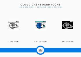 los iconos del panel de control en la nube establecen una ilustración vectorial con un estilo de línea de icono sólido. concepto de sistema de centro de datos. icono de trazo editable en un fondo aislado para diseño web, interfaz de usuario y aplicación móvil vector