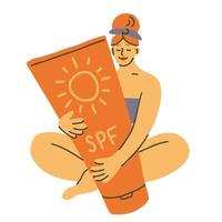 Woman holding giant sunscreen tube vector