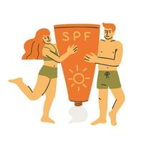 Couple with giant sunscreen tube vector