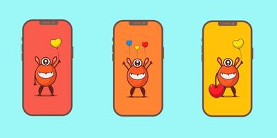 Cute monster holds balloon so cotue, isolated on smartphone background vector