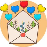 A romantic envelope with flower and balloons. Vector for card, valentine