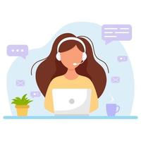 Woman with headphones and microphone with computer. Contact us. Customer service, assistant, support, call center concept. Cartoon vector illustration in flat style.