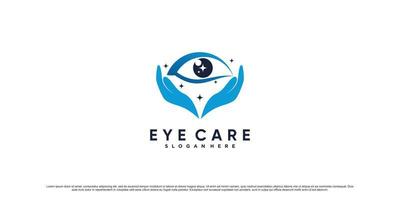 Eye care logo design inspiration with hand and creative element Premium Vector
