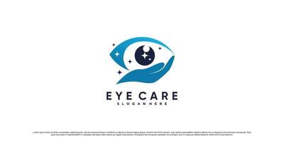 Eye care logo design inspiration with hand and creative element Premium Vector