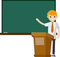 School teacher stands near blackboard. vector