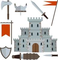 Medieval castle with tower, wall, gate, red roof. set of old weapons of knight - sword in scabbard, arrow, shield, flag, axe, dagger. European historical Armor and weapons. Cartoon flat illustration