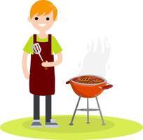 Man prepares barbecue meat on a grill over fire. vector