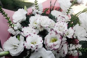 Festive white bouquet of flowers on a green background, a bouquet of pink color, background, flowers are white beautiful photo