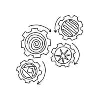 Gear mechanism in Doodle style. Icon for business idea, teamwork. Vector illustration isolated in white.