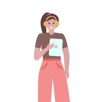 joven mujer sonriente con tablet pc, auriculares y micrófono sobre fondo blanco. ilustración de personas de vector plano.