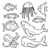 animales submarinos dibujados a mano conjunto ilustración vectorial. colección de fauna acuática en estilo doodle. vida marina aislada en la ilustración de vector de fondo blanco.