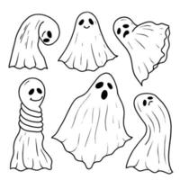 Ghosts collection. Halloween character. Vector Hand Drawn. Line art. Sketch Illustration. Ghost with different emotions.