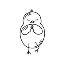 Funny chick doing yoga in doodle style. Hand drawn cute domestic bird vector illustration.