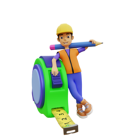 3D Character male construction worker pencil and measure png