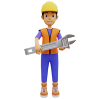 Trabajador de la construcción masculino de carácter 3d con llave