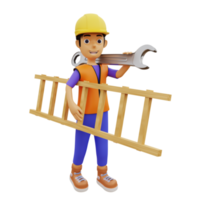 3d karaktär manlig byggnadsarbetare bär stege och skiftnyckel png
