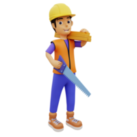 3d personagem trabalhador da construção civil segurando serra png