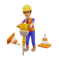 Trabajador de la construcción masculino de carácter 3D con martillo neumático png