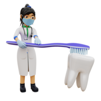 3d personagem feminina dentista limpando os dentes png