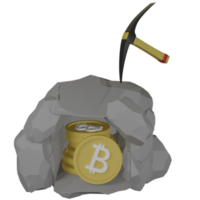 ilustração 3D de picareta de pedra com moedas de ouro preciosas com símbolo bitcoin para conceito de mineração de criptomoeda em fundo preto