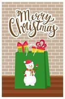 The concept of a new year, Christmas greeting card with the words Merry Christmas. Gift bag on the background of a brick wall. Vertical greeting card template in a flat style with symbols of Christmas vector