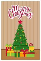 Template new year, Christmas greeting card with the words Merry Christmas. Elegant Christmas tree with gift boxes in the room. Concept of a card in a flat style with elements and symbols of Christmas. vector