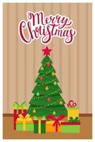 plantilla año nuevo, tarjeta de felicitación de navidad con las palabras feliz navidad. elegante árbol de navidad con cajas de regalo en la habitación. concepto de una tarjeta de estilo plano con elementos y símbolos de navidad. vector