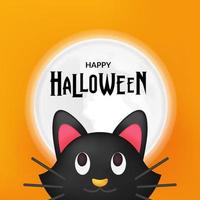 feliz plantilla de tarjeta de felicitación de halloween con lindo gato negro con ilustración de luna llena con fondo de noche naranja vector