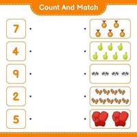 Count and match, count the number of Foam Finger, Trophy, Flags, Gloves, Golf Gloves and match with the right numbers. Educational children game, printable worksheet, vector illustration