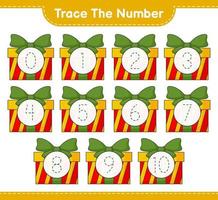 Trace the number. Tracing number with Gift Box. Educational children game, printable worksheet, vector illustration