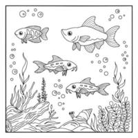 página de coloreado vectorial de diseño para niños peces bajo el agua vector
