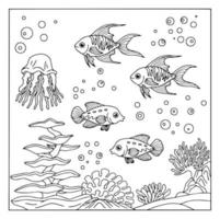 Design Vector Coloring Page for Kid Fish Underwater
