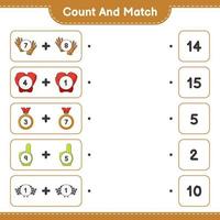 Count and match, count the number of Foam Finger, Trophy, Flags, Gloves, Golf Gloves and match with the right numbers. Educational children game, printable worksheet, vector illustration