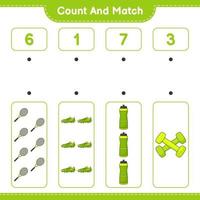 Count and match, count the number of Water Bottle, Tennis Racket, Soccer Shoes, Dumbbell and match with the right numbers. Educational children game, printable worksheet, vector illustration