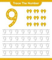 Trace the number. Tracing number with Ribbon. Educational children game, printable worksheet, vector illustration