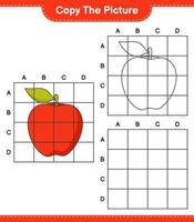 copie la imagen, copie la imagen de la manzana usando líneas de cuadrícula. juego educativo para niños, hoja de cálculo imprimible, ilustración vectorial vector