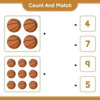 cuenta y empareja, cuenta el número de baloncesto y empareja con los números correctos. juego educativo para niños, hoja de cálculo imprimible, ilustración vectorial vector