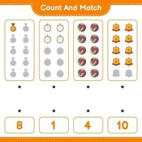 Count and match, count the number of Stopwatch, Trophy, Volleyball and match with the right numbers. Educational children game, printable worksheet, vector illustration