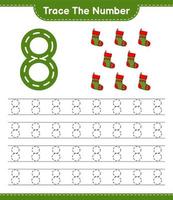 Trace the number. Tracing number with Christmas Sock. Educational children game, printable worksheet, vector illustration