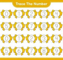 Trace the number. Tracing number with Ribbon. Educational children game, printable worksheet, vector illustration