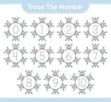 Trace the number. Tracing number with Snowflake. Educational children game, printable worksheet, vector illustration